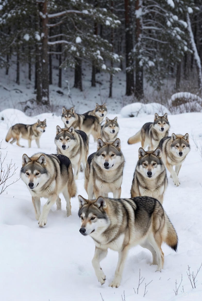 Pack of wolves hunting in snow